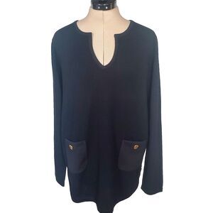 Tory Burch Women's Tunic Sweater XL Black Wool Cashmere Blend V Neck Gold Button